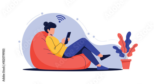 A young woman comfortably relaxing on a red bean bag chair and using her tablet with a wifi symbol.