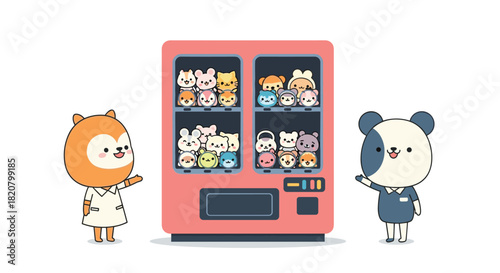 Two adorable animal characters a bear and a fox happily standing next to a vending machine full of plush toys.