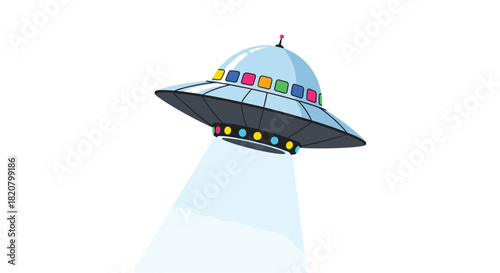 A futuristic colorful alien spaceship UFO with a vibrant beam of light descending from outer space.