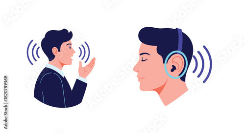 Two male profiles depicting effective communication one man speaking with sound waves and another listening.