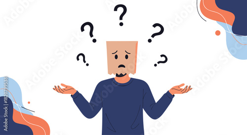 A confused person with a paper bag over their head shrugging shoulders with question marks around.