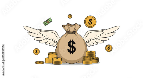A money bag with dollar sign and wings surrounded by coins and a banknote symbolizing fast wealth growth.