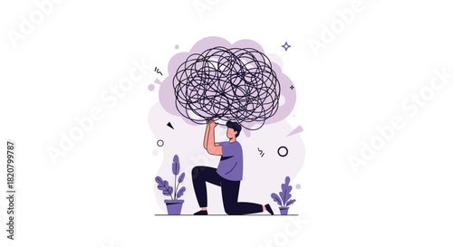 Stressed man struggling to lift a heavy, tangled mess of lines, symbolizing overwhelming problems, mental burden, and anxiety.