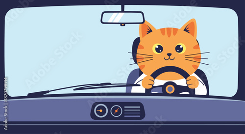 Adorable orange cat driving a car with a happy expression, portraying a whimsical and imaginative animal adventure.