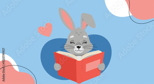 Adorable gray rabbit happily reading an open book, symbolizing education, knowledge, and the joy of reading in a whimsical setting.