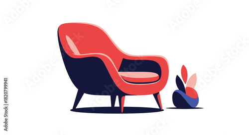 Elegant modern red armchair paired with a minimalist plant, creating a harmonious and stylish interior design composition.