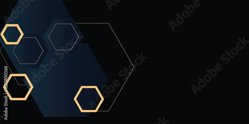 Modern luxury horizontal banner background with layers of golden hexagon shapes and shadow decoration.