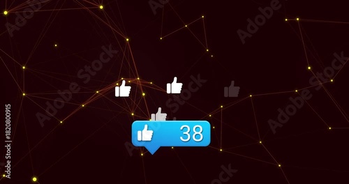 Blue speech-bubble counter receiving likes, updating 8 to 95, spawning thumbs showing engagement