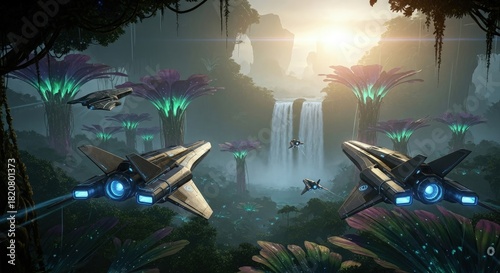 Fototapeta Naklejka Na Ścianę i Meble -  Futuristic spacecrafts soar through an alien jungle landscape with vibrant flora and a majestic waterfall in the background
