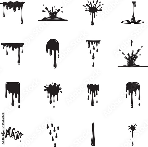 Dripping Liquid Silhouette doodles collection. Includes Silhouette symbols drop, splash, paint, leak, blob and more. Isolated doodles. Dripping doodles set. Minimalist doodles pack.