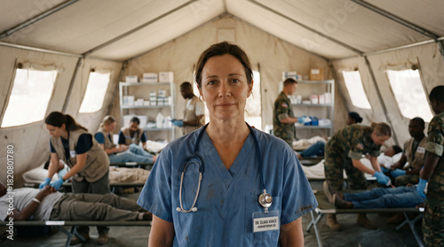 Nurse and doctor in a U.S. disaster relief tent with ongoing work behind them.
