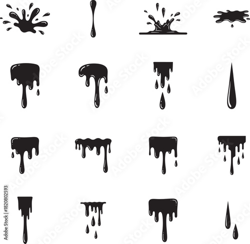 Dripping Liquid Silhouette doodles collection. Includes Silhouette symbols drop, splash, paint, leak, blob and more. Dripping doodles set. Minimalist doodles pack.