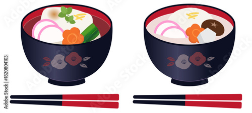 関東風、関西風のお雑煮のイラストセット