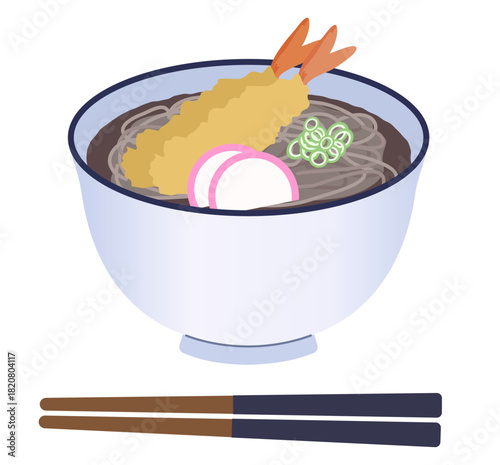 えび天がのっているお蕎麦のイラスト