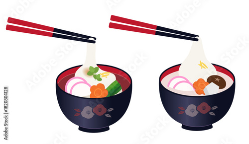 日本のお正月料理/関東風・関西風のお雑煮の餅を掴んでいるイラストセット