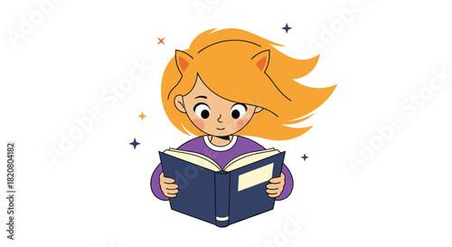 Adorable girl with whimsical cat ears happily reading an open book, symbolizing childhood wonder, imagination, and a love for reading.