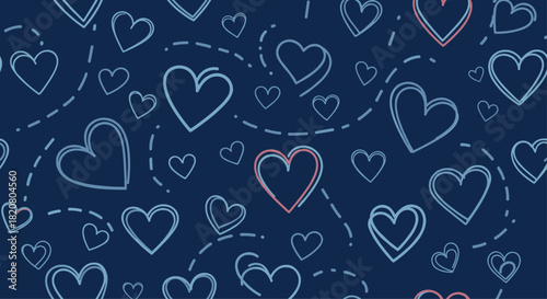 Charming seamless pattern featuring outlined hearts on a dark blue background, ideal for romantic and loving themes.