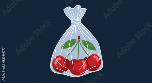 Fresh red cherries neatly packaged in a transparent plastic bag, symbolizing organic fruit, freshness, and healthy snack options.