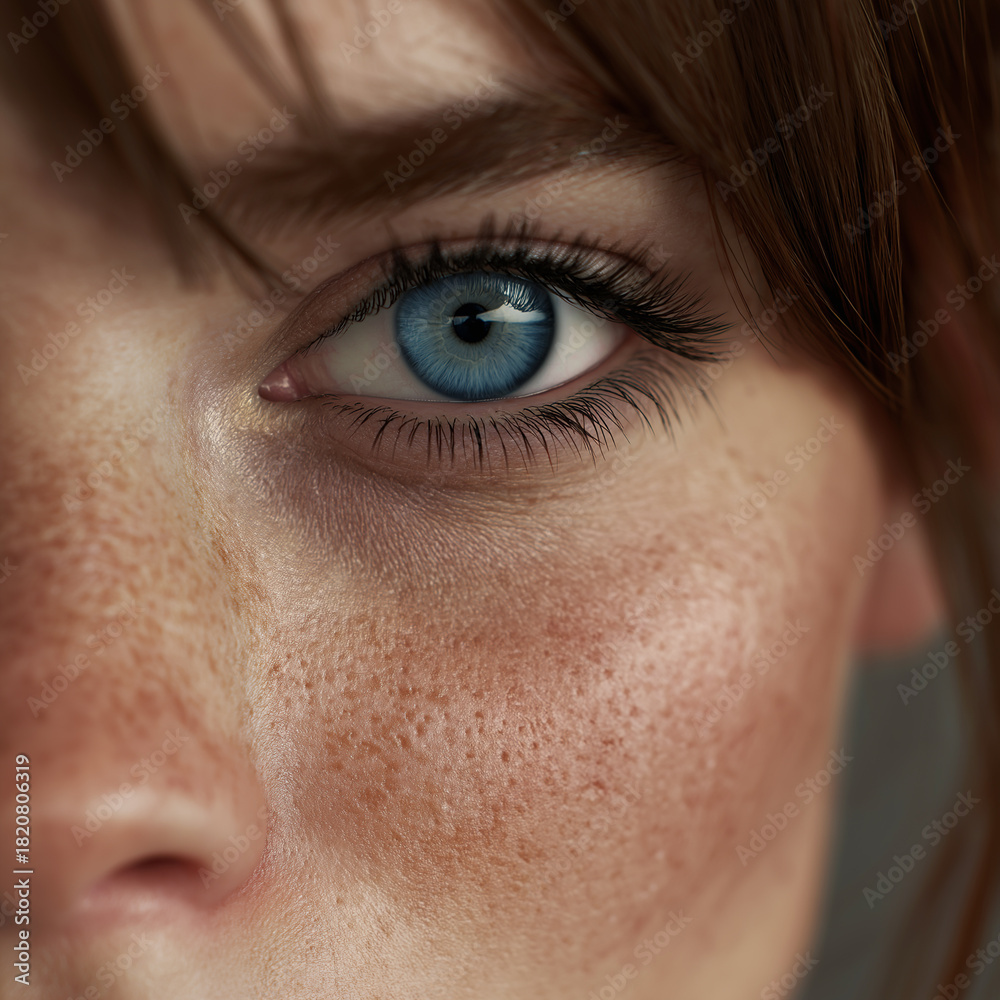 Obraz premium Macro shot of a striking blue eye with long eyelashes, highlighting texture, clarity, and depth. Perfect for beauty, skincare, and eye-care concepts.