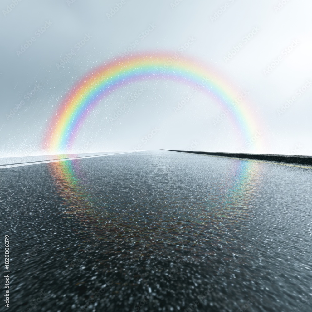 Obraz premium A vibrant rainbow arches over a wet dark asphalt road stretching into the distance under a bright overcast sky