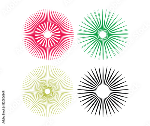 Four abstract circular graphic elements in red, green, yellow, and black, resembling stylized sunbursts or starbursts on a white background, creating a sense of dynamism.