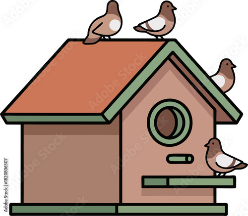 Cartoon Pigeon House Vector Illustration with Brown Birds, Flat Wooden Birdhouse