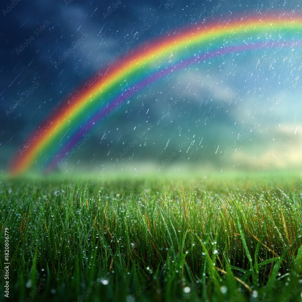 Naklejka premium Vibrant rainbow arches over rain soaked green grass under a dramatic stormy sky