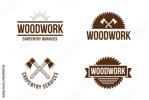 A collection of four distinct logo designs for woodwork and carpentry services, featuring saws and axes.