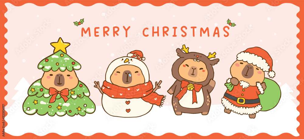 Fototapeta premium Kawaii Christmas Capybaras in Costumes, Santa Claus, Snowman, reindeer, Christmas Tree, Cute vibrant hand drawn doodle Greeting Card Printable