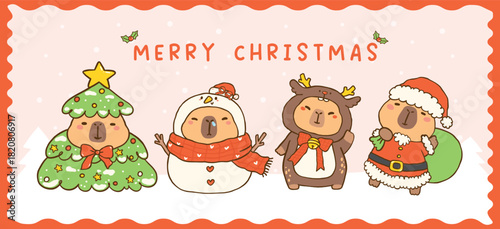 Kawaii Christmas Capybaras in Costumes, Santa Claus, Snowman, reindeer, Christmas Tree, Cute vibrant hand drawn doodle Greeting Card Printable