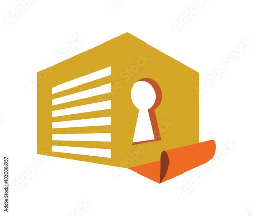 A stylized illustration represents a home or building with a keyhole, symbolizing security and access to private property, with an orange peel-off section at the bottom.