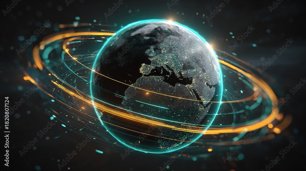 Obraz premium Futuristic digital globe with glowing rings and data particles, representing connectivity.