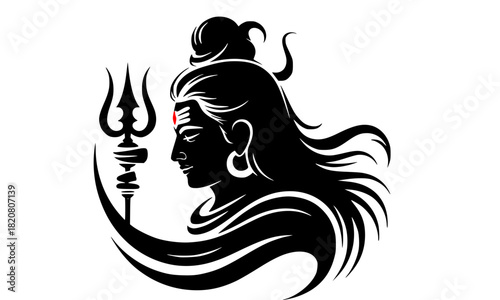 Lord Shiva Profile View with Flowing Hair, Holding Trident (Trishula) Icon, Dynamic Black and White Vector Graphic with Red Third Eye Bindi, Hindu God Logo, Mythology, Spirituality, Indian Art