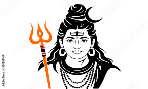 Lord Shiva, Hindu God of Destruction and Transformation, Holding Trident (Trishula), with Crescent Moon (Chandra) and Third Eye, Black and White Vector Illustration, Spiritual, Mythology, Indian Cultu
