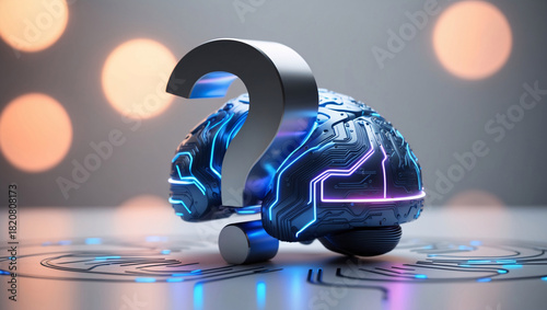 Big silver question sign next to digital brain with circuits in dreamy background