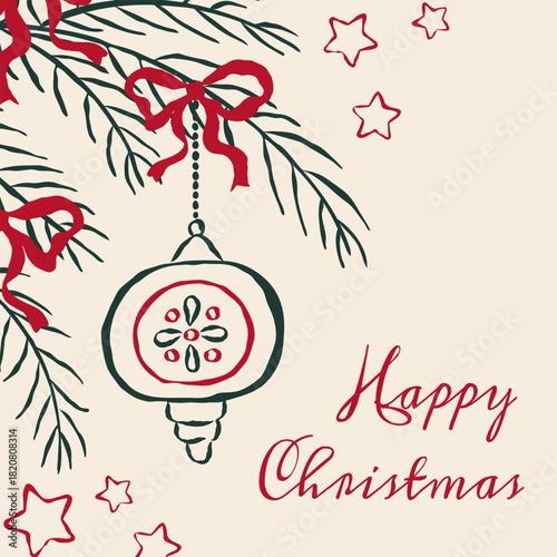 Square Christmas card with whimsical sketch illustration and typography. Pine branch decorated festive toy and bows in red green colors. Trendy template for background, cover, invitation, social media