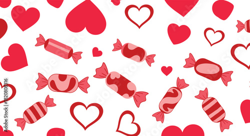Seamless pattern with various red and pink candies and hearts scattered on a white background, perfect for sweet and romantic themes.