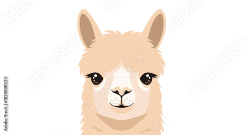 Cute cartoon illustration of a friendly light-colored alpaca or llama head with big eyes and a gentle smile, isolated on white.