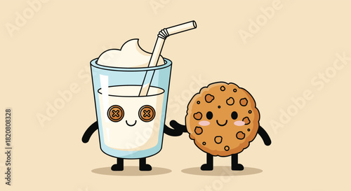 Cute cartoon milk with a straw and whipped cream stands beside a smiling chocolate chip cookie, depicting a sweet friendship.