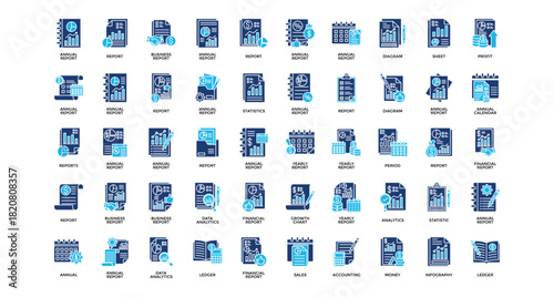 Anuual Report icon set collection. Containing economics, notes, sales, statistics, value, arrows, profit .Solid vector icons collection