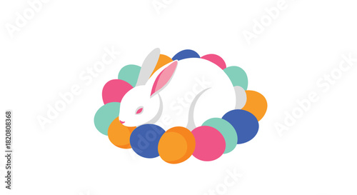 A cute white rabbit with soft pink ears and a tiny nose lies surrounded by a cheerful wreath of multi-colored Easter eggs.
