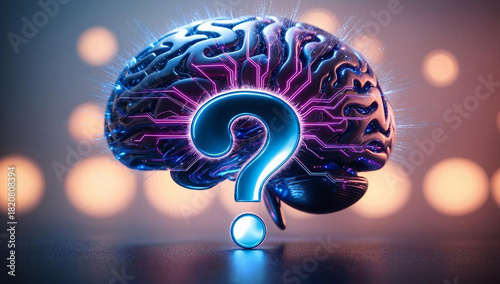 Digital glowing blue purple ai brain concept showcasing problem solving with a silver question mark in the foreground