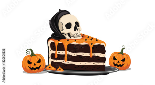 A spooky Halloween chocolate cake slice with orange frosting, topped by a grim reaper skull, and surrounded by carved jack-o'-lanterns.