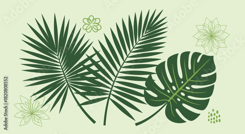 Tropical leaves and flowers in shades of green form a vibrant, fresh, and natural pattern, perfect for backgrounds or decorative elements.