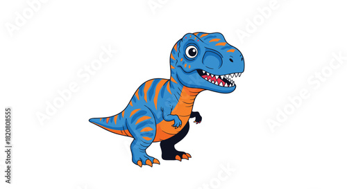 A friendly and colorful cartoon Tyrannosaurus Rex dinosaur with blue skin and orange stripes stands on a white background, perfect for children's designs.