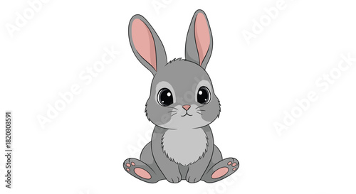 A charming cartoon illustration of an adorable grey baby rabbit with large, innocent eyes sitting calmly on a white background.