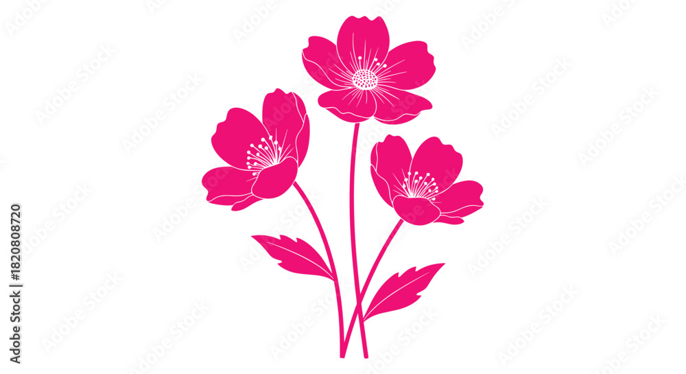 Fototapeta premium Three vibrant pink stylized flowers with delicate white stamens and subtle leaves, presented as a graceful graphic on a pure white background.