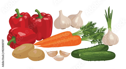 A vibrant assortment of fresh, healthy vegetables including red bell peppers, carrots, garlic, potatoes, cucumbers, and spring onion, perfect for cooking delicious meals.