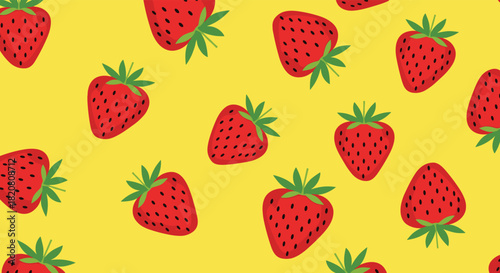 Seamless pattern with various red strawberries scattered on a bright yellow background, ideal for summer-themed designs and textile prints.