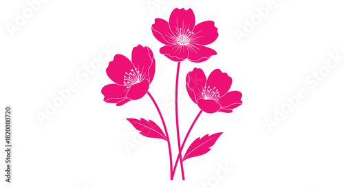 Three vibrant pink stylized flowers with delicate white stamens and subtle leaves, presented as a graceful graphic on a pure white background.
